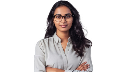 Portrait of a beautiful, young and intelligent-looking indian woman office employee standing isolated on transparent png background. 
