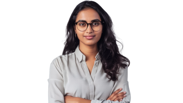Portrait of a beautiful, young and intelligent-looking indian woman office employee standing isolated on transparent png background. 
