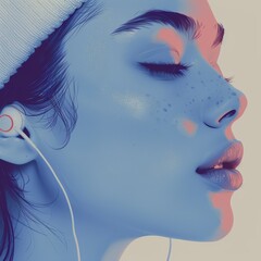 Fototapeta premium Illustration of a personâ€™s face with eyes closed, listening to soft whispers, evoking a calming ASMR experience, in a clean, minimalistic style