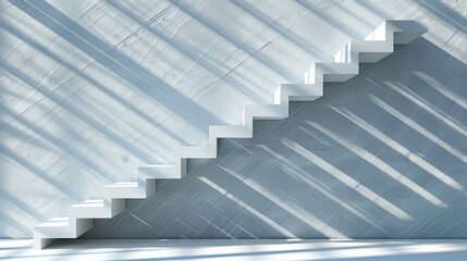 Fototapeta premium A set of white stairs ascends to a building's peak, accompanied by a white wall Shadows mark the floor and the wall behind, revealing a concrete surface