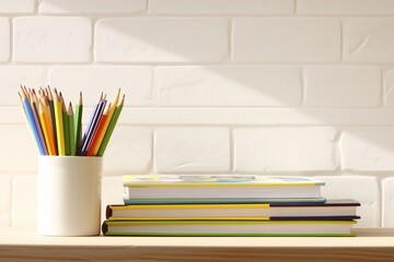 Fototapeta premium pile of books and pencils on the desk on white brick wall background