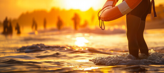 a close-up image of a lifeguard holding a rescue buoy while scanning the water, their silhouette highlighted against the setting sun, with a soft bokeh effect from the distant wave