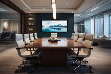 Stylish consultancy firm meeting room with a large conference table, high-end furnishings, and multimedia presentations.  Generative Ai,