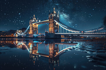 The Tower Bridge illuminated at night with reflections on the River Thames and a starry sky