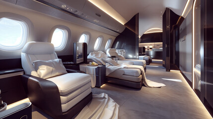 A luxurious airplane cabin with white seats and a black carpet