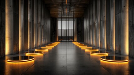 Fototapeta premium A lengthy sequence of lights aligned beside a wall in a room, flanked by columns on both sides Ends with a solitary light at its terminus