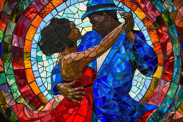 Stained Glass style, black people dancing tango in the center of a stained glass background