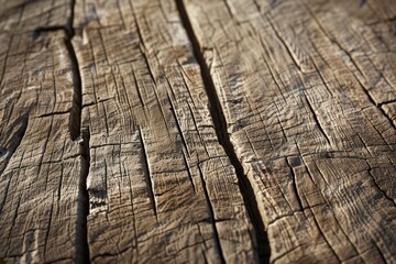 Fototapeta premium Tilted angle view of cracked, weathered wood texture, soft afternoon light casting subtle shadows, detailed grains and imperfections visible, photorealistic quality, earthy brown and gray tones