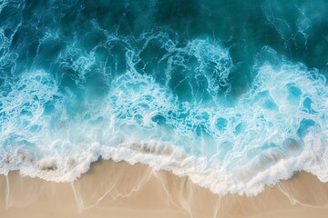 Crashing waves on the beach, Blue ocean sea surface, top view. Tropical beach