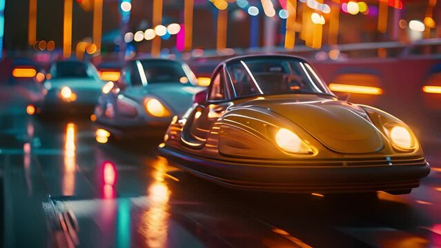 This Exciting autodrome ride at the amusement park with colorful bumper cars