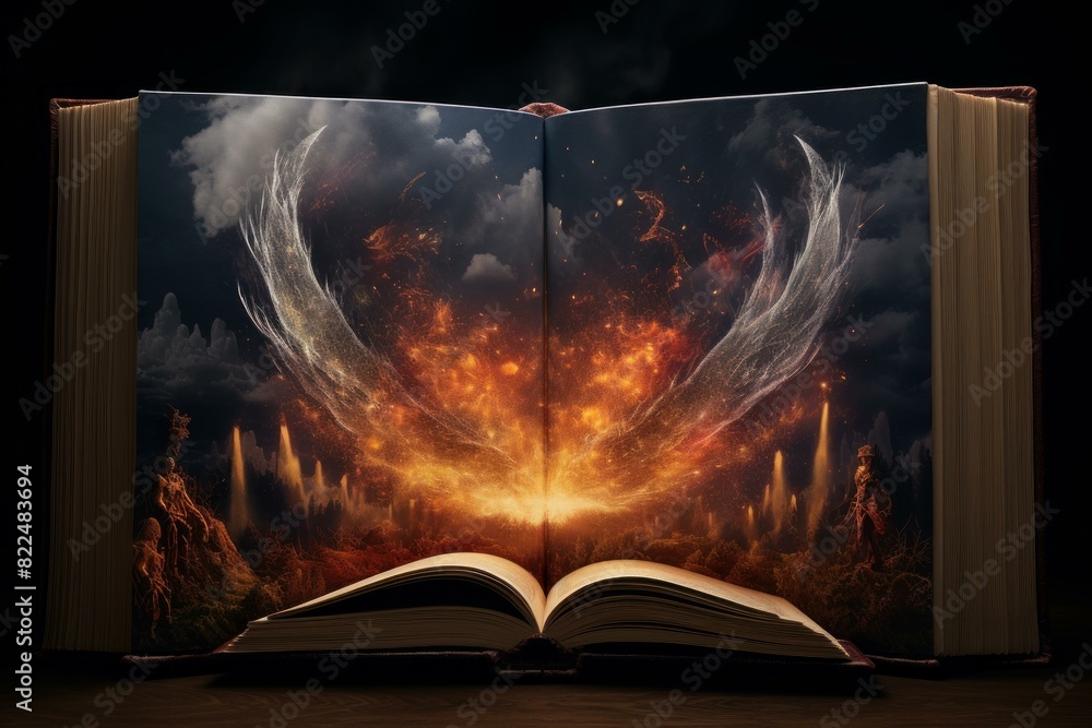 Poster spellbinding open magic book aged. alchemy fairy. generate ai