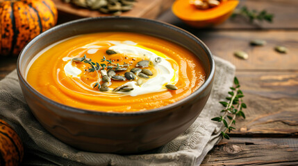 Pumpkin soup with cream pumpkin seeds