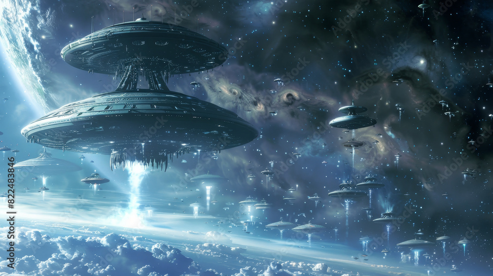 Poster a space scene with many spaceships flying around