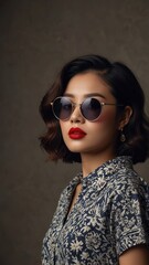 Potrait beautiful Retro stylefashion asian woman wearing trendy sunglasses