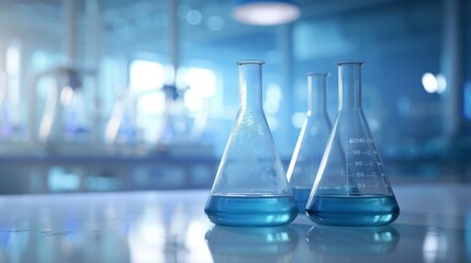 Glass flasks with blue solutions in a chemical laboratory.  Medical research, pharmaceutical discovery and science concept