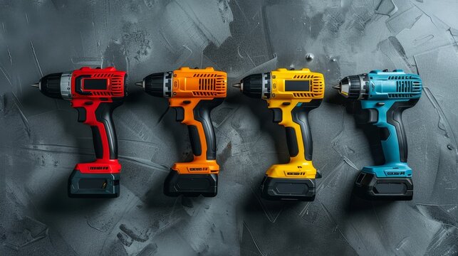 Four cordless power drills lined up on a textured grey surface