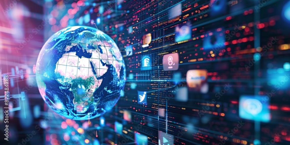 Poster digital globe with digital connections and images of media icons, representing global communication 