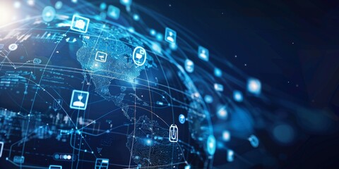 Obraz premium Digital globe with global network connections and images of various social media platforms floating around it, representing the vast digital world in cyber space Generative AI