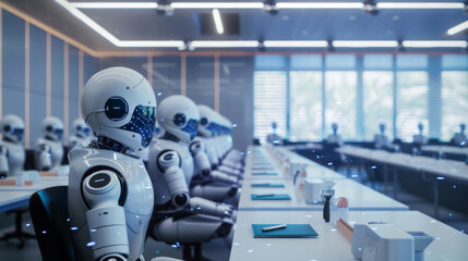 A group of robots are sitting at desks in a room