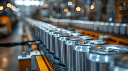 New aluminum cans moving along the conveyor belt in a beverage manufacturing factory. Represents the food and beverage industrial business.