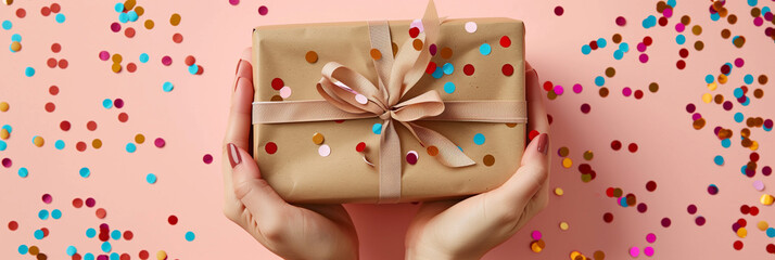 Craft Paper and Confetti Frame the Joyful Act of Presenting a Thoughtful Gift, Wrapped Surprise