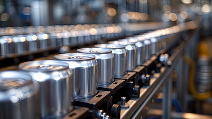 New aluminum cans moving along the conveyor belt in a beverage manufacturing factory. Represents the food and beverage industrial business.