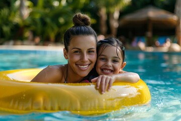 mother and daughter in a yellow pool float on a lazy river at an waterpark, close up