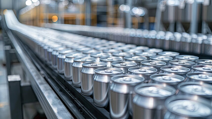 Obraz premium New aluminum cans moving along the conveyor belt in a beverage manufacturing factory. Represents the food and beverage industrial business.