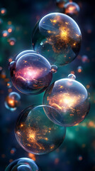 Glowing Spheres with Sparkling Bokeh Effect Floating in the air. Magical Cosmic Scene of wonder, star travel, many worlds and exploration.