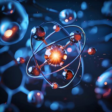 3D illustration of atom with glowing nucleus and blue and orange electrons on dark blue background