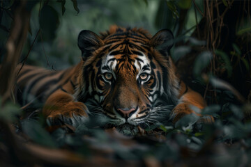 Fototapeta premium A serene tiger resting on the forest floor, surrounded by dense jungle vegetation, in a peaceful moment within its natural habitat.. AI generated.