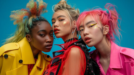 Fototapeta premium Three women with colorful hair pose for a photo