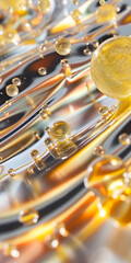 Golden bubbles suspended in a translucent medium, creating a vibrant, effervescent texture. Beauty and complexity of microscopic worlds. Concepts related to science, nature, and abstract art.