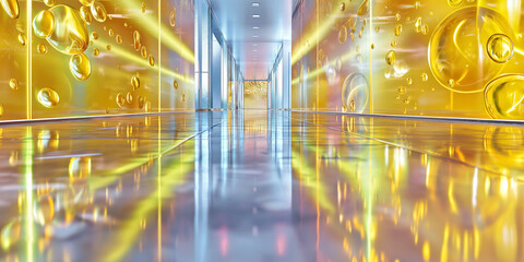 Modern futuristic corporate environment, enhanced by a unique and golden bubble motif along its reflective walls and floor