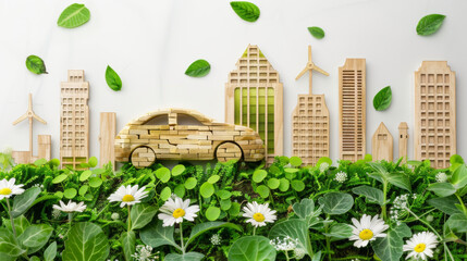 A car made out of wood is surrounded by a cityscape of buildings and green grass