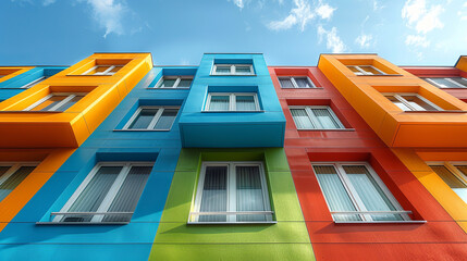 modern abstract building with colorful metal columns under blue sky