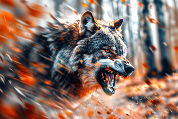 Wolf on the hunt showing teeth: Digital Painting in natural colors