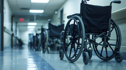 A row of wheelchairs are lined up in a hallway