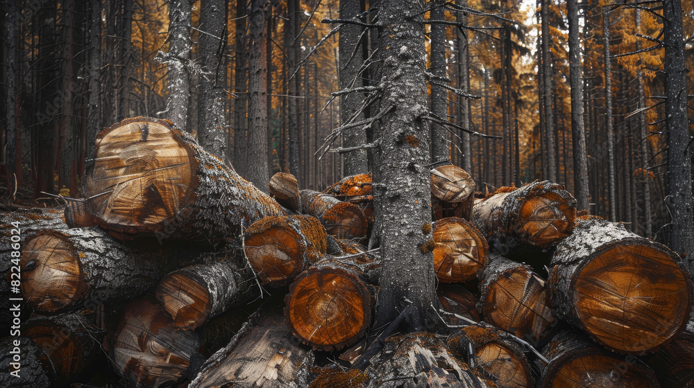 Poster a forest with a large pile of logs and a tree in the middle