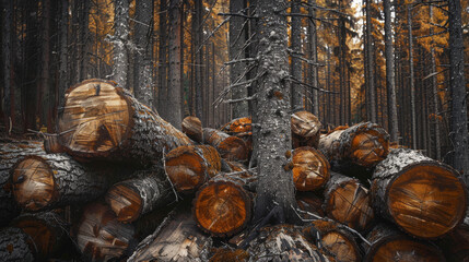 A forest with a large pile of logs and a tree in the middle
