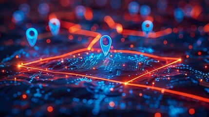 Digital GPS, neon map pin location.  Innovation navigation technology concept, network connection, information pointers