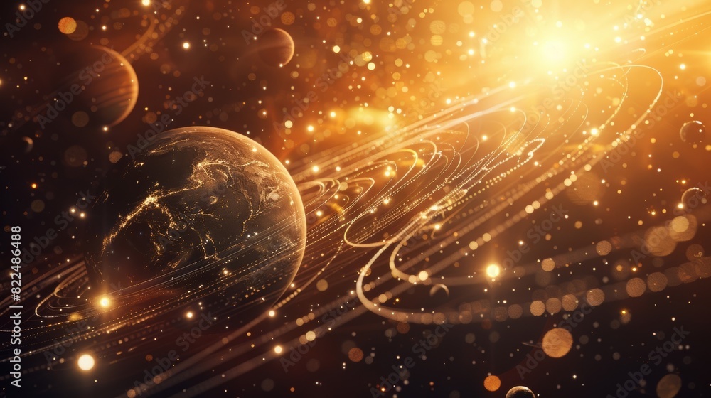 Poster a solar system with planets and moons orbiting a central star connected through a web of shining lin
