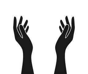Obraz premium Black silhouettes of two raised hands with palms facing each other, isolated on white background