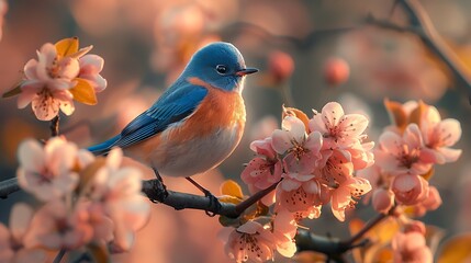  A charming bluebird perched on a branch of a blossoming apple tree, its cheerful song filling the...
