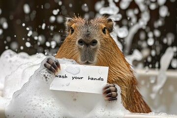 capybara in a bathtub with a lot of foam holding a rectangular white paper with text "wash your hands"