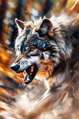 Wolf on the hunt showing teeth: Digital Painting in natural colors
