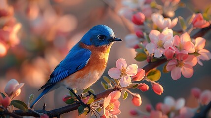  A charming bluebird perched on a branch of a blossoming apple tree, its cheerful song filling the crisp spring air.