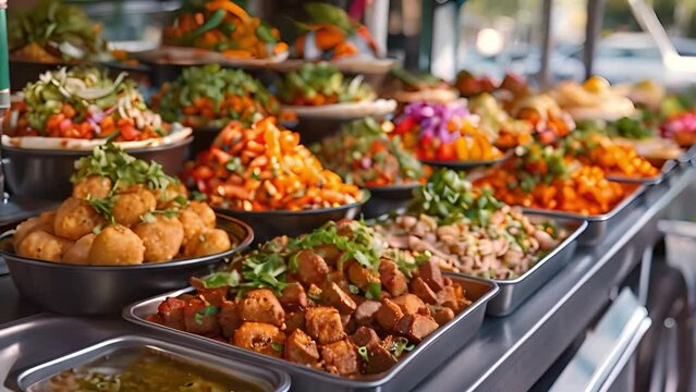 This buffet table overflowing with diverse dishes offering a wide range of culinary choices.