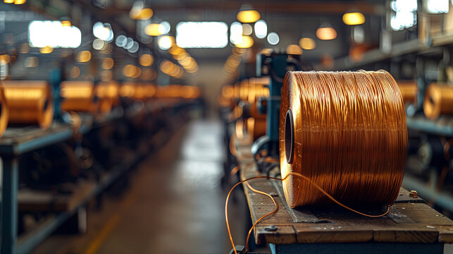 large bobbin of orange copper wire in light warehouse