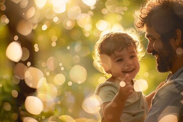 Fototapeta premium Close-up. Father and child in luminous bokeh, warm glow. Close-up of a tender moment of mutual admiration and love. Concept: fatherhood and family values, parental care.